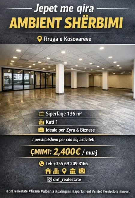 Tirane, jepet me qera zyre Kati 1, 136 m² 2.400 € (Rruga Kosovareve)