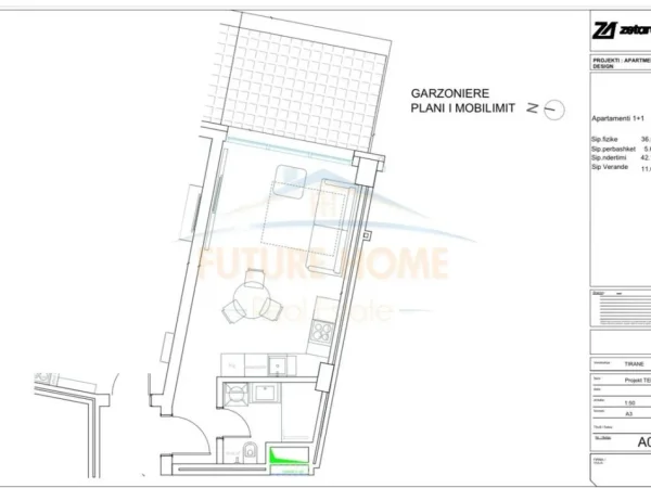 Tirane, shitet apartament 1+1 , 42m, kati 2, 86.400 € (Kompleksi Grand)