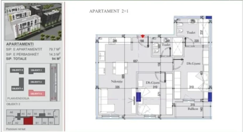 Tirane, shitet apartament 2+1 Kati 3, 94 m² 122.000 € (ISH DOGANA)