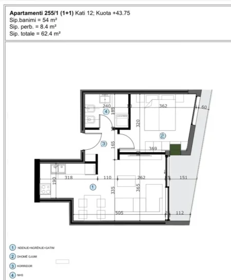 Tirane, shitet apartament 1+1 Kati 12, 63 m² 87.500 € (astir)
