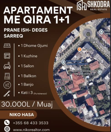 Shkoder, jepet me qera apartament 1+1+Ballkon Kati 3, 56 m² 300 € (Sarreq)