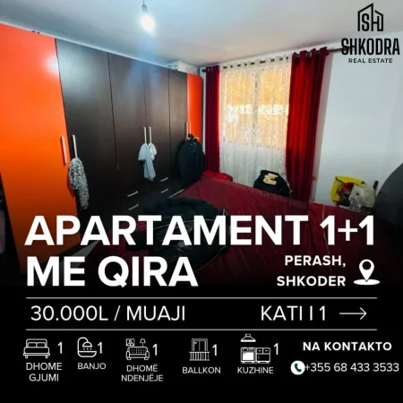 Shkoder, jepet me qera apartament 1+1+Ballkon Kati 0, 55 m² 300 € (Perash, Rruga Koplikej)