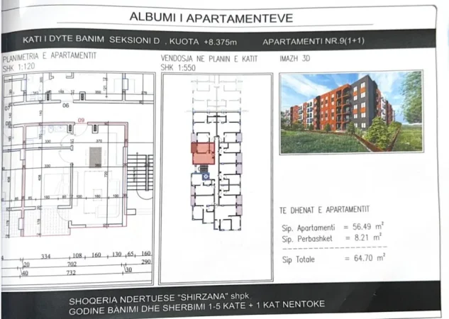 Tirane, shitet apartament 1+1 Kati 3, 64 m² 67.900 € (Fan Noli ,Paskuqan)