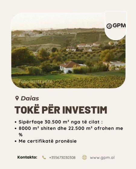 Ofrohet tokë në Daias, me sipërfaqe totale 30,500 m², e ndarë në dy opsione fleksibël për investitorë:    📐 8,000 m² – në shitje  📐 22,500 m² – jepen me % (bashkëpunim)