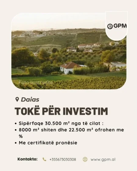 Ofrohet tokë në Daias, me sipërfaqe totale 30,500 m², e ndarë në dy opsione fleksibël për investitorë:    📐 8,000 m² – në shitje  📐 22,500 m² – jepen me % (bashkëpunim)