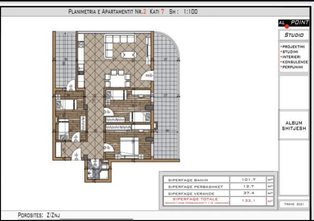 Tirane, shitet apartament 3+1+A+BLK Kati 7, 133 m² 99.000 Euro (Ali Shefqeti)