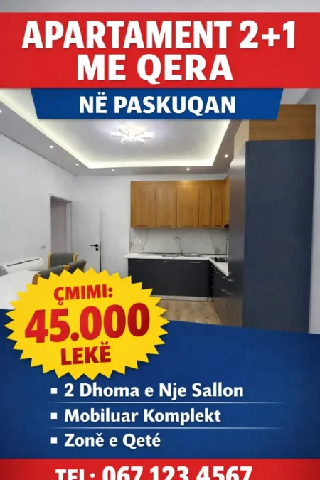 Tirane, jepet me qera apartament 2+1 Kati 7, 97 m² 450 € (Paskuqan)