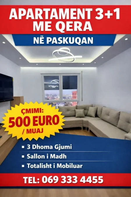 Tirane, jepet me qera apartament 3+1 Kati 7, 130 m² 500 € (Paskuqan)