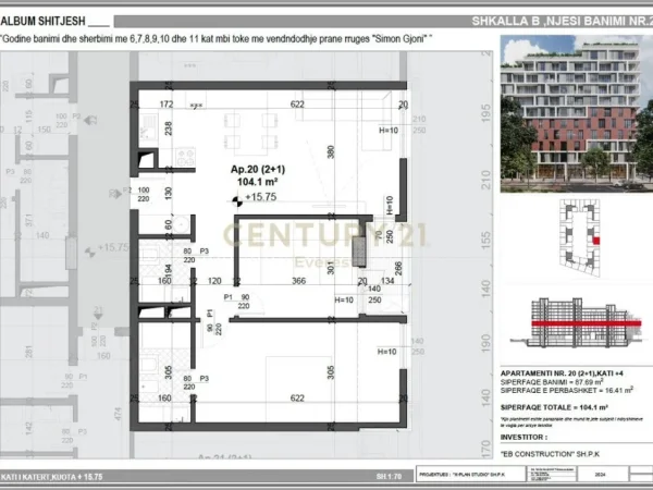 Tirane, shes apartament 2+1+Aneks+Ballkon Kati 4, 104 m² 159.000 € 