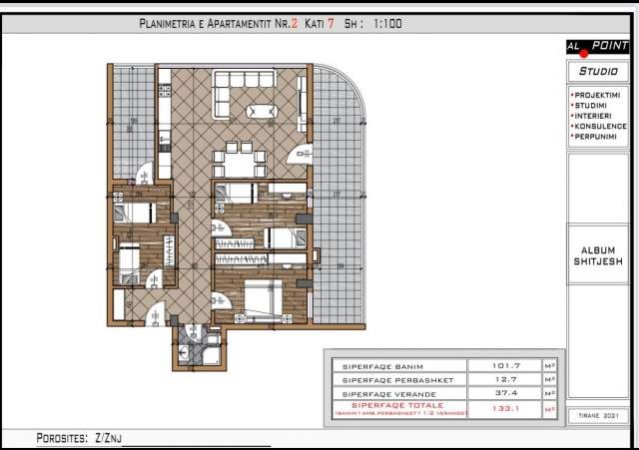 Tirane, shitet apartament 3+1+BLK Kati 7, 133 m² 99.000 Euro (Ali Shefqeti)