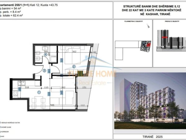 Tirane, shitet apartament 1+1 Kati 12, 62 m² 87.360 € 