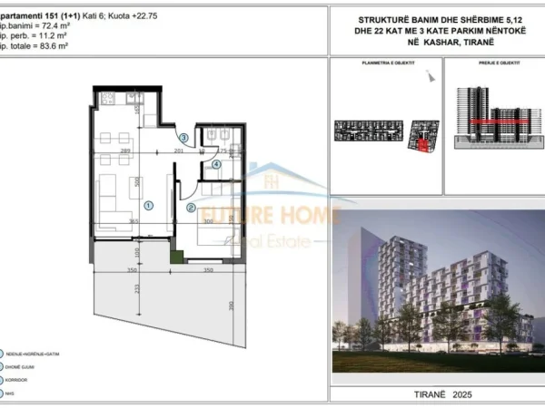Tirane, shitet apartament 1+1 Kati 6, 84 m² 117.000 € 