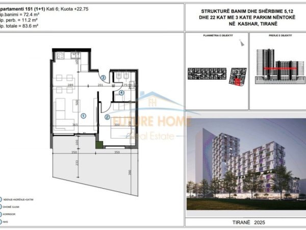 Tirane, shitet apartament 1+1 Kati 6, 84 m² 117.000 € 