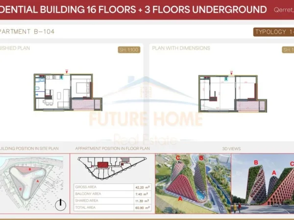 Qerret, shitet apartament 1+1 Kati 1, 61 m² 140.070 € (Rezidenca NAREA)
