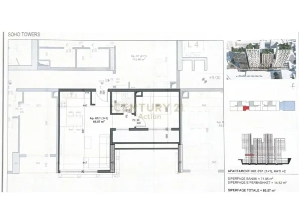 Tirane, shes apartament 1+1+Aneks+Ballkon Kati 2, 86 m² (RESIDENCA SOHO TOWERS)