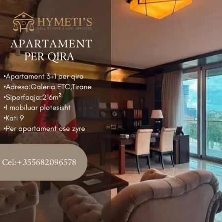 Tirane, jepet me qera apartament 3+1+Ballkon Kati 9, 216 m² 