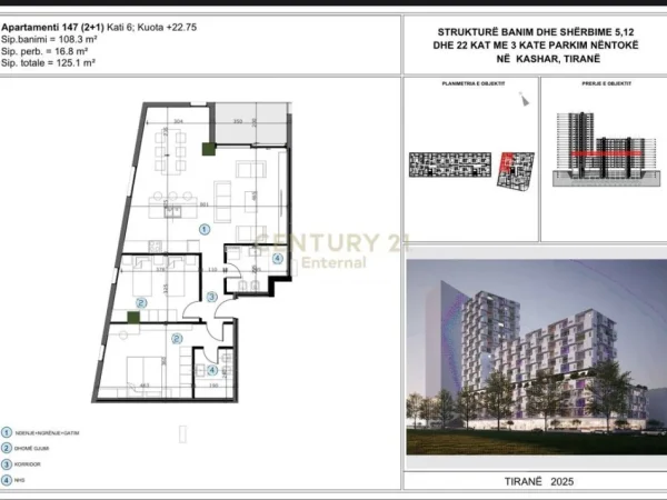 Tirane, shitet apartament 2+1 Kati 6, 125 m² 175.000 € (Casa Italia ENT132329)