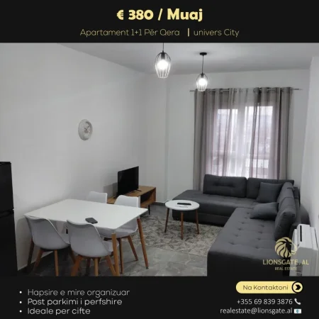 Tirane, jap me qera apartament 1+1+Ballkon , 50 m² 380 € (UNIVERS CITY)