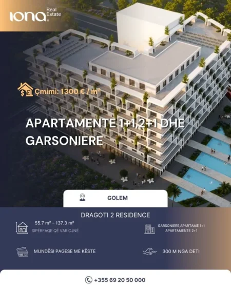 Golem, DRAGOTI 2 RESIDENCE, shitet apartament 1+1 , 56 m² (300 m larg detit)