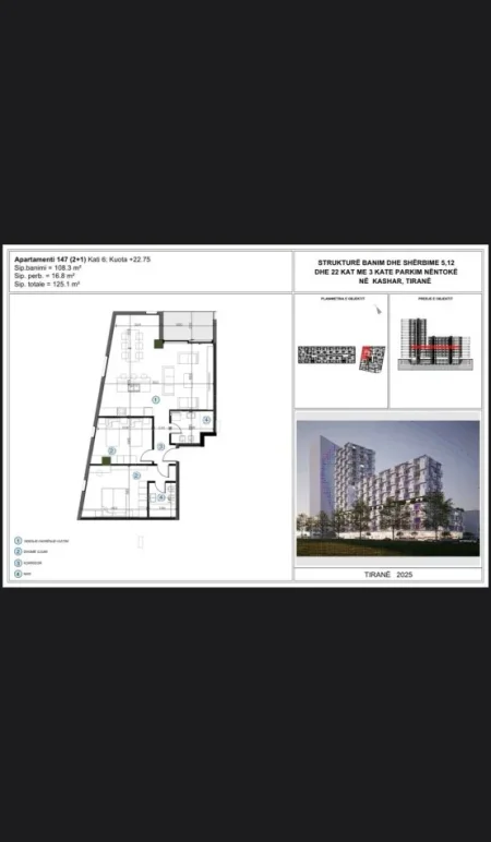 Tirane, shitet apartament 2+1+Ballkon Kati 6, 125 m² 175.000 € (ASTIR)