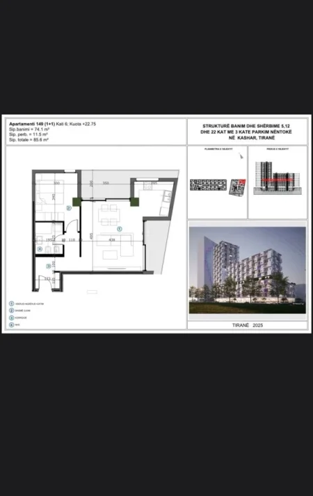 Tirane, shitet apartament 1+1+Ballkon Kati 6, 85 m² 120.000 € (ASTIR)