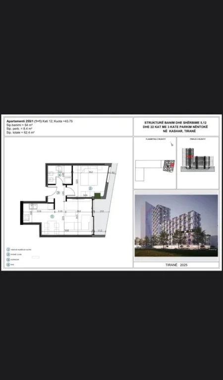 Tirane, shitet apartament 1+1+Ballkon Kati 12, 62 m² (ASTIR)