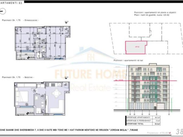 Tirane, shitet apartament 1+1 Kati 6, 51 m² 78.000 Euro