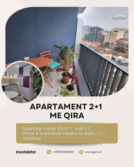 🏙 2+1 me qira – Qendër Tiranë | 9-Katëshet ,Kati 5, 83 m²