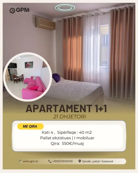 Tirane, jepet me qera apartament 1+1 Kati 4, 40 m² 500 €