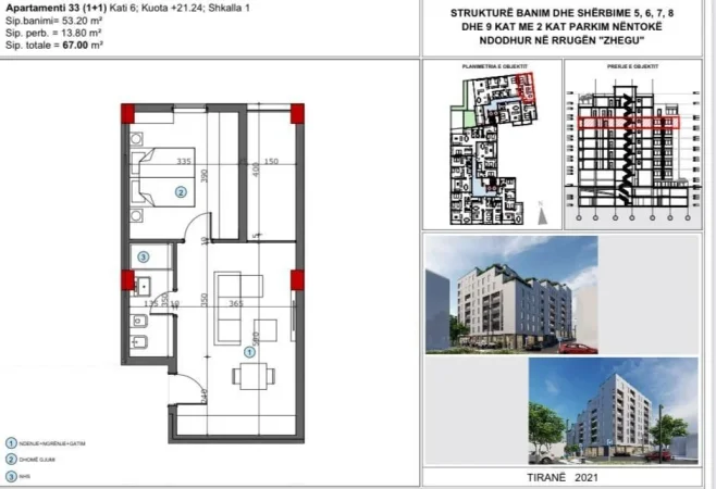 Tirane, shitet apartament 1+1+Ballkon Kati 6, 67 m² 120.000 € (ALI DEMI)