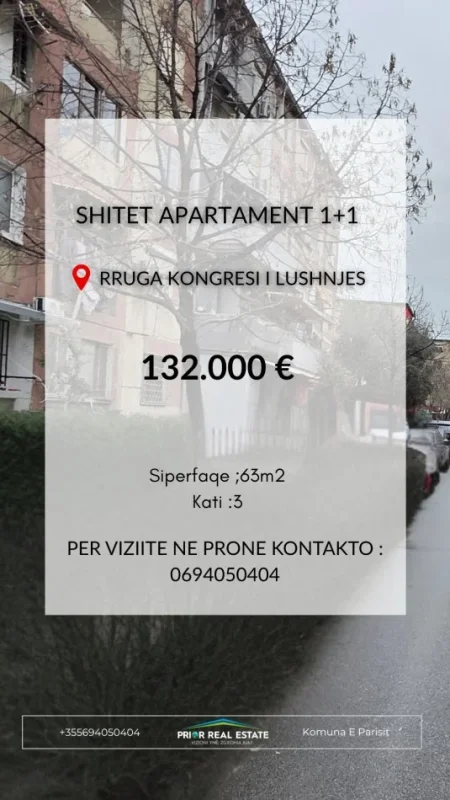 Tirane, shitet apartament 1+1 Kati 3, 63 m² 132.000 € (Rruga Kongresi i Lushnjes)