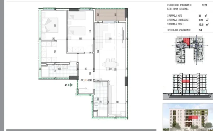 Tirane, shitet apartament 2+1+Ballkon Kati 4, 113 m² 128.000 € 