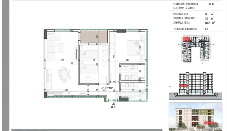 Tirane, shitet apartament 2+1+Ballkon Kati 2, 100 m² 113.700 € 