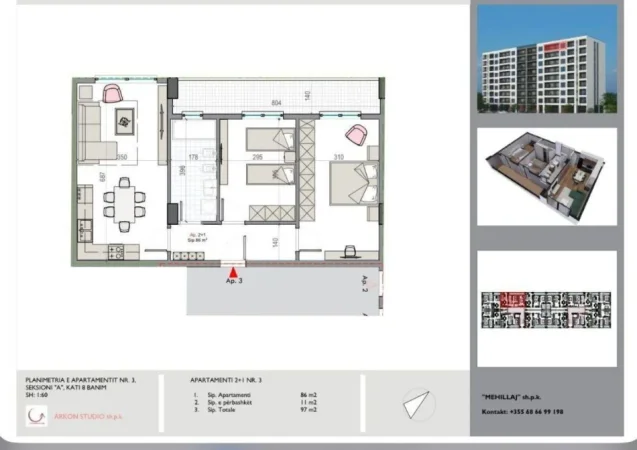 Tirane, shitet apartament 2+1 Kati 8, 97 m² 85.000 € (KAMEZ)