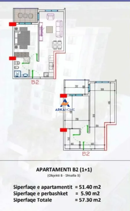 Durres, shitet apartament 1+1+Ballkon Kati 3, 57 m² 63.030 € (GOLEM)