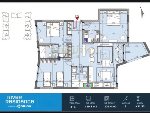 Tirane, shitet apartament 3+1+Ballkon Kati 9, 238.000 € (Rruga Fejzi Himzo, Orin Construction)