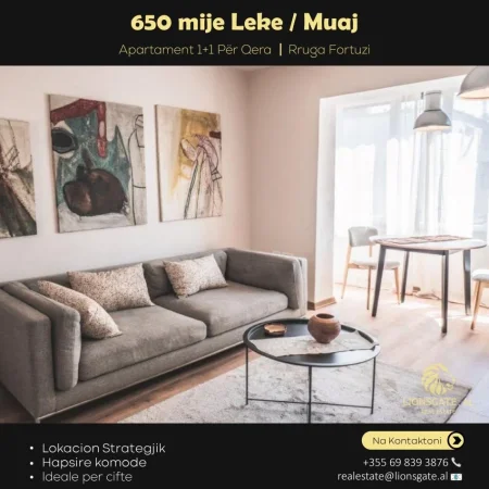 Tirane, jepet me qera apartament 1+1 , 53 m² 650 € (Rruga Fortuzi)