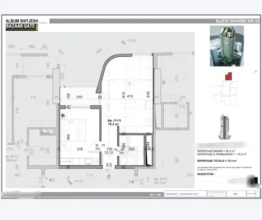 Tirane, shitet apartament 1+1+Ballkon Kati 12, 76 m² 232.999 € (Qendër)
