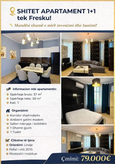 Tirane, shes apartament 1+1 Kati 1, 57 m² 79.000 € (Fresku)