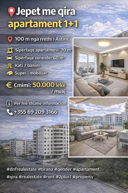 Tirane, jepet me qera apartament 2+1 Kati 7, 130 m² 500 € (100m nga rrethi Astirit)