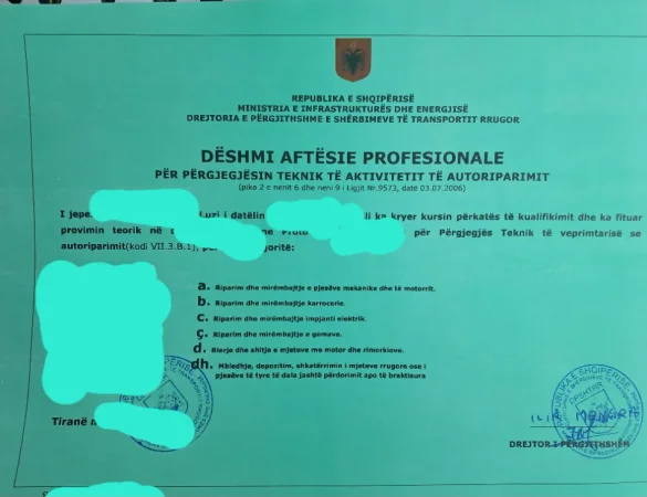 Ofrohet sherbimi i DAP per autoserviset qe kan nevoj per drejtuesin teknik te licensuar inxhinier mekanik