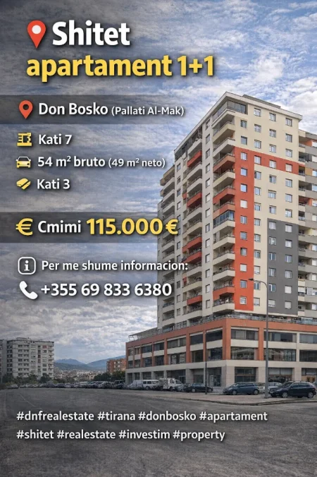 Tirane, shitet apartament 1+1 Kati 7, 54 m² 115.000 € (Don Bosko)