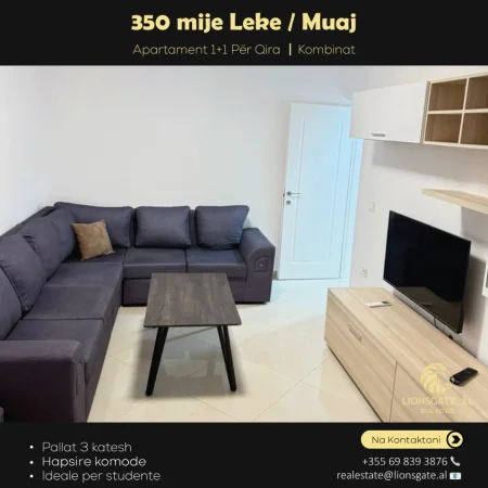 Tirane, jepet me qera 1+1 , 45 m² 350 € (Kombinat)