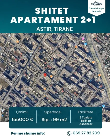 Tirane, shitet nga Pronari, pa-komision 2+1+Aneks+Ballkon Kati 5, 99 m² 155.000 € (Astir)