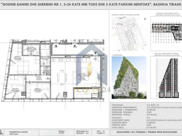 Tirane, shitet apartament 3+1+Aneks+Ballkon Kati 16, 138 m² (Apartament në Shitje 3+1 Lion Park 3 Bulevardi i Ri)