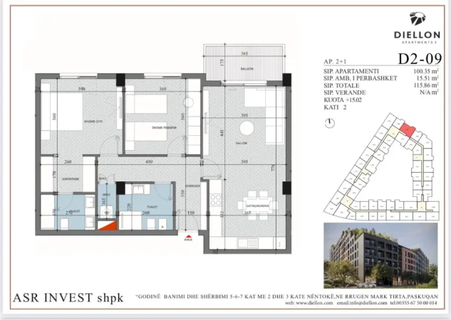 Tirane, shitet apartament 2+1 Kati 2, 115 m² 