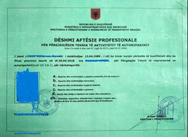 Tirane, njoftim DAP (DESHMI AFTESIE PROFESIONALE) ME KODI VII.3.B.1 PER DREJTUES TEKNIK SERVISI