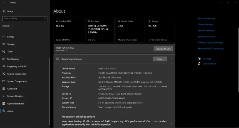 Shes Dell Precision 5510–  i7, 16GB RAM, 256GB SSD, 4K Touch