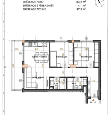 Tirane, shitet apartament 2+1 Kati 8, 97 m² 145.950 € (FUSHA AVIACIONIT)