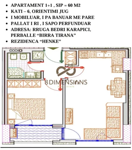 Tirane, jepet me qera apartament 1+1 Kati 6, 61 m² 600 € (yzberisht)